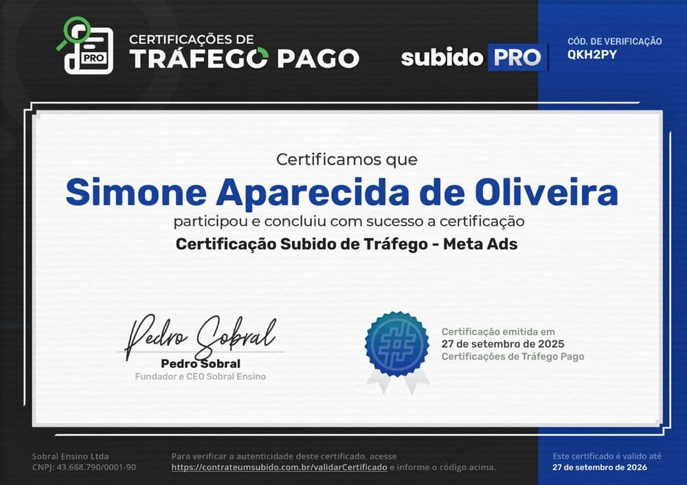 Certificação Subido de Tráfego — Meta Ads, em nome de Simone Aparecida de Oliveira